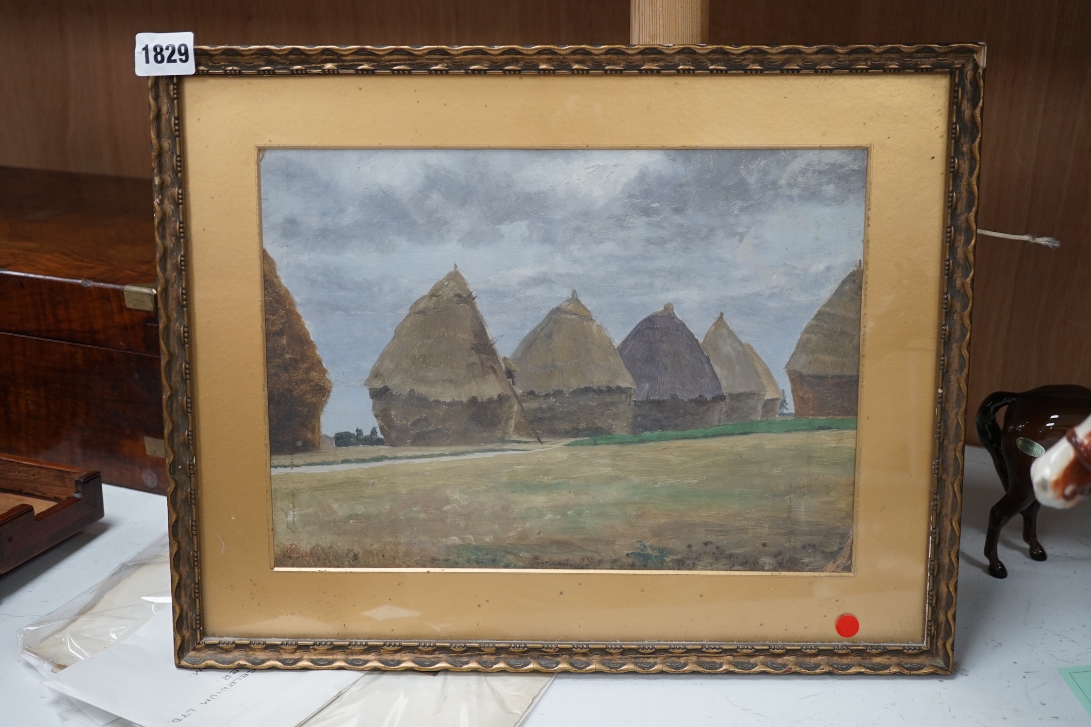 Charles des Anges, oil, Haystacks, signed with monogram and dated 1890, indistinct ink inscription verso, 23 x 32cm. Condition - fair
